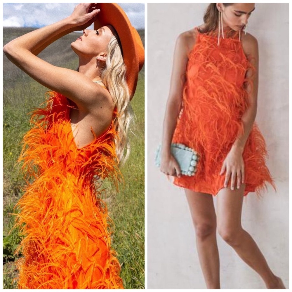 Cult Gaia Shannon Ostrich Feather Silk Mini Dress Orange XS Cocktail Party